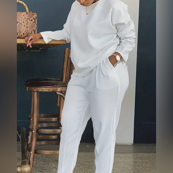 Casual Two-piece Set, Crew Neck Long Sleeve Top & Slant Pockets Pants Outfit - Picture 3 of 8